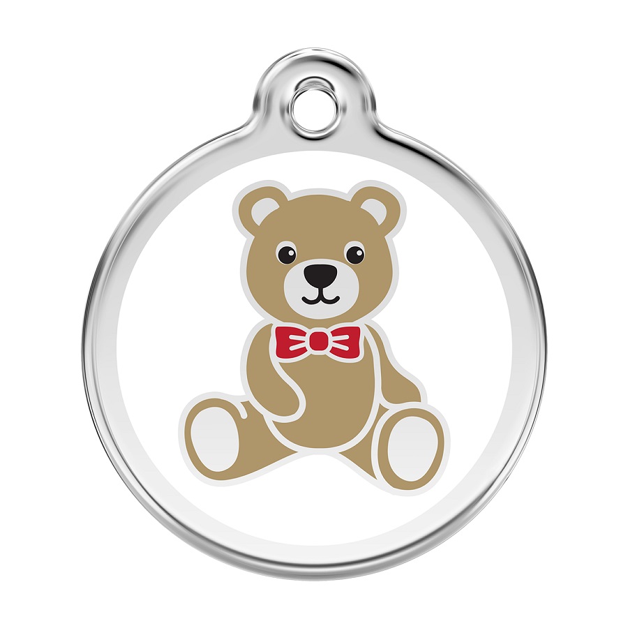 Placa de identificação para cães em aço inoxidável esmaltado com ursinho de pelúcia branco