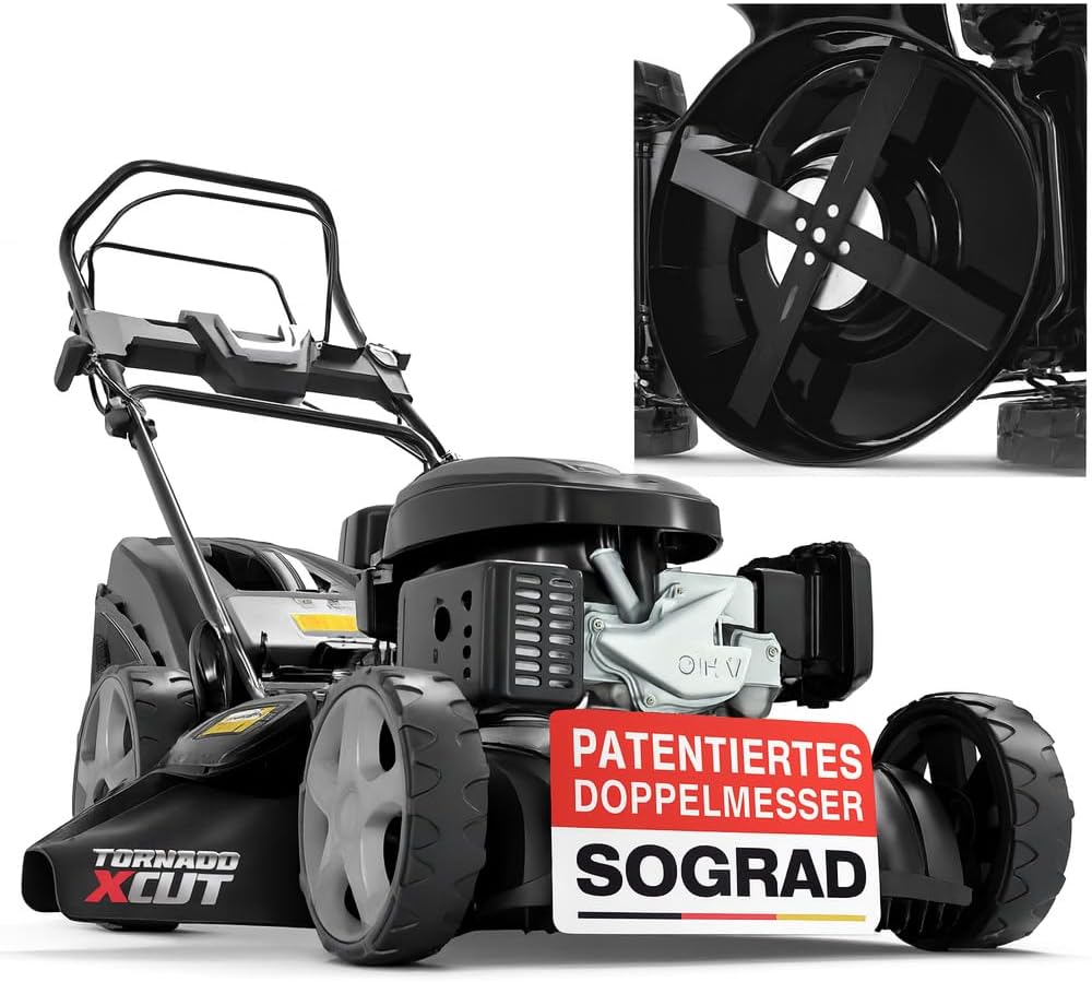 5IN1 Rasenmäher Benzin - 6,5 PS - mit 4 Klingenschneidsystem & Sograd – 4 Takt Motor – 196 cm³ Hubraum – 51 cm Schnittbreite – 60L Fangkorb – Radantrieb – Benzin Rasenmäher mit Seitenauswurf