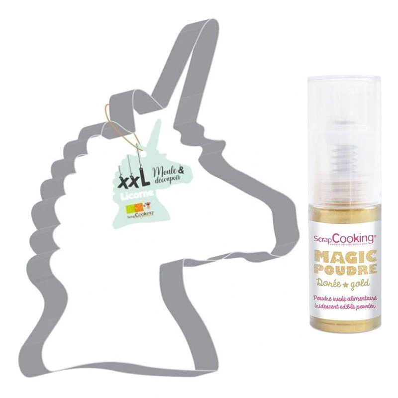 Découpoir à pâtisserie inox XXL Licorne + 1 poudre alimentaire irisée
