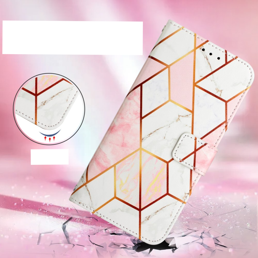 iPhone SE (2022/2020) / 8 / 7 / 6S Leder Tasche mit Kartenfach   Handschlaufe Geometrisches Muster - Rosa / Weiss