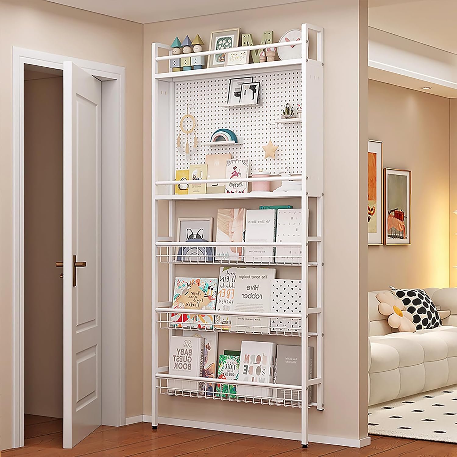 Bücherregal hinter der Tür, platzsparendes Kinderbücherregal mit 5 Etagen, hohes schmales Bücherregal hinter der Tür, offenes Wandregal mit Haken für Schlafzimmer Kinderzimm (Weiß, 82×12×188CM)