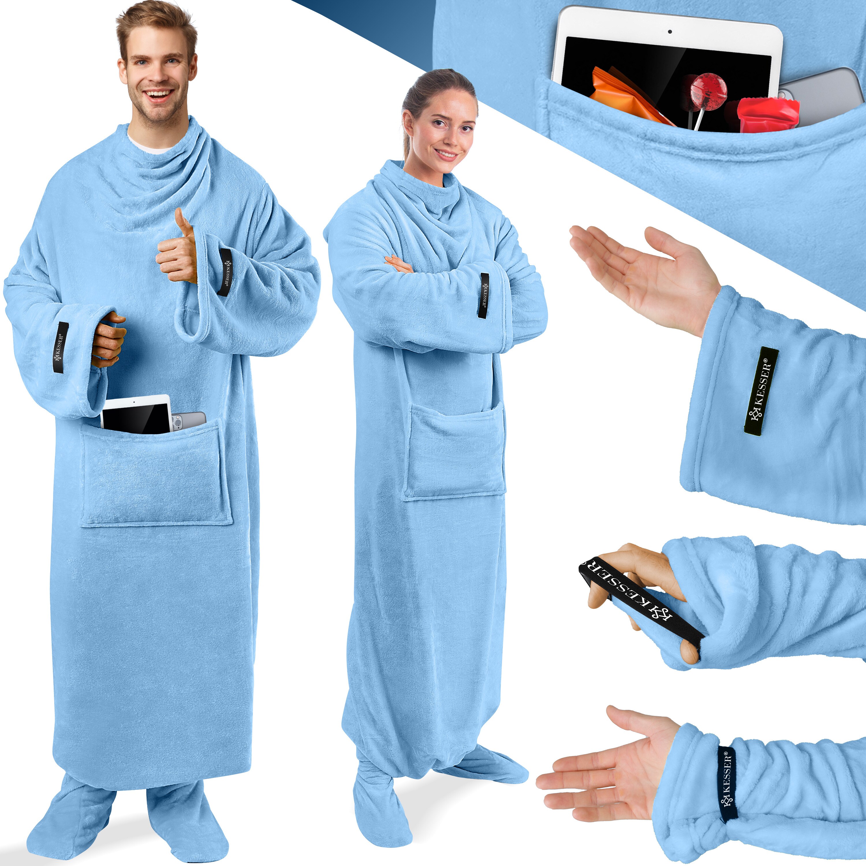 KESSER® Kuscheldecke TV Decke mit Ärmeln & Fußtasche Ärmeldecke Extra Weich Ärmeldecke Flauschige Inkl. 2-in-1 Außentasche tragbare Lounge-Decke Tragbar Ganzkörperdecke mit Ärmel