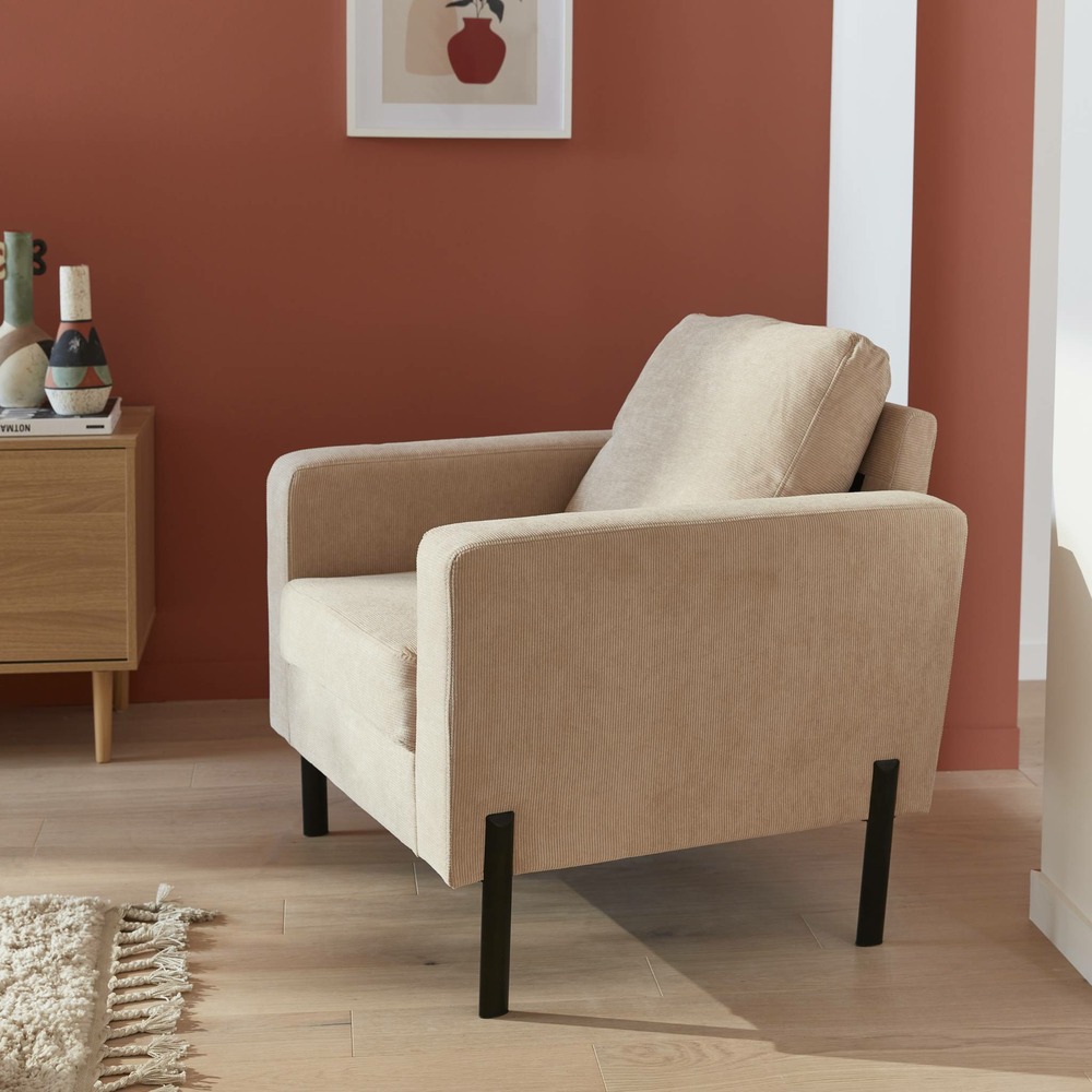 Fauteuil en velours côtelé beige - bjorn - canapé 1 place fixe droit pieds métal