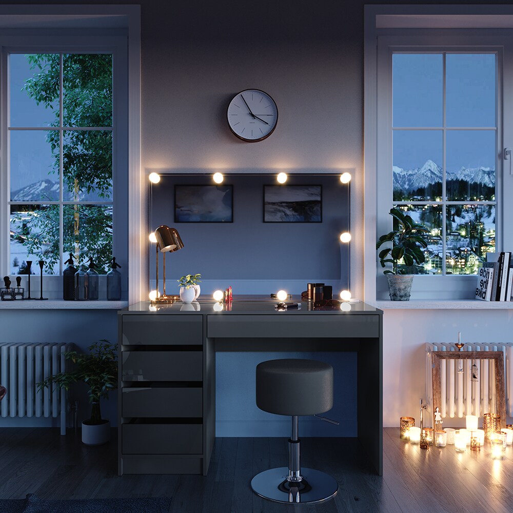 Vicco Schminktisch Frisiertisch Frisierkommode Sherry Grau Schminkspiegel LED Hocker 120x75 cm modern Schlafzimmer Kommode Schublade Ablage Aufbewahrung Kosmetiktisch Make-Up-Tisch Hochglanz