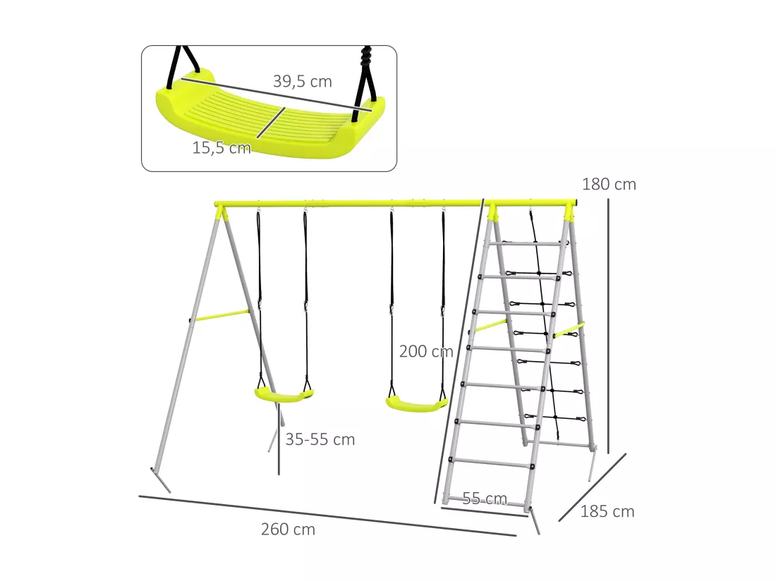 Balançoire portique 4 agrès - 2 balançoires, 2 échelles - dim. 2,6L x 1,85l x 1,8H m - métal époxy PE gris vert