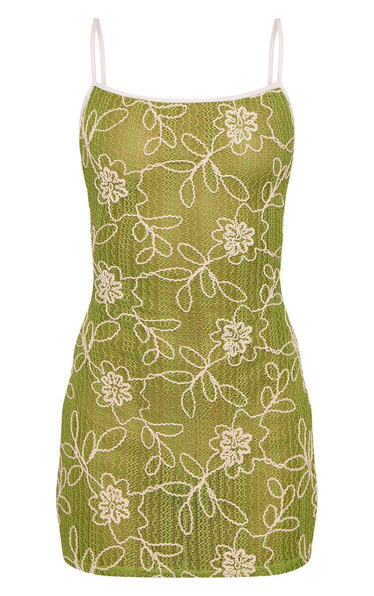 Vert Olive Robe Mini À Bretelles Encolure Droite Texturée À Motif Floral