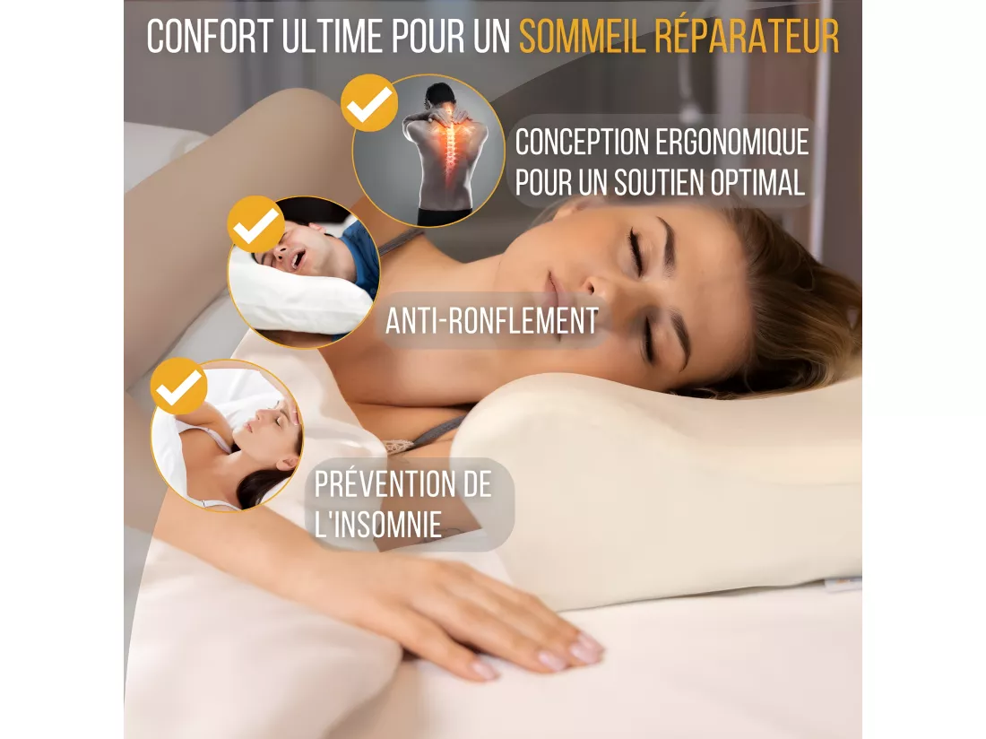 Oreiller Ergonomique Cervical DE LUXE - Mousse à Mémoire – 60x35x12 - Deux Taies d’Oreiller
