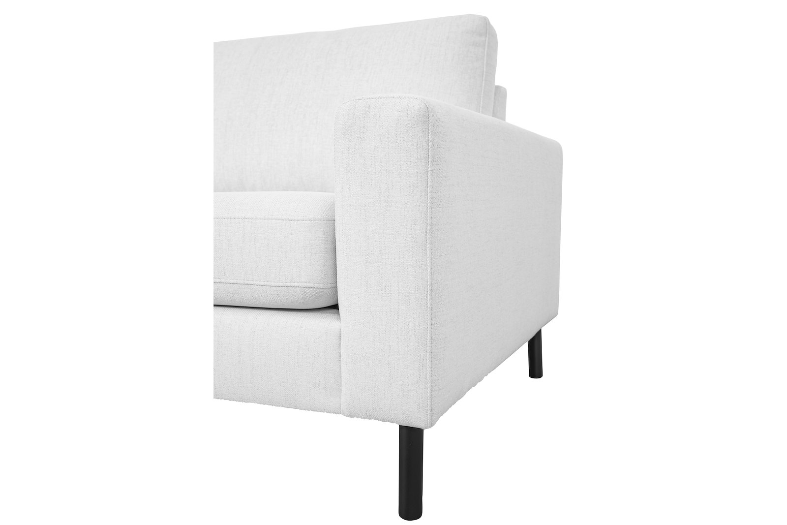 Pixel hjørnesofa 3-seter med åpen ende venstre. Tekstil Neve 02 offwhite. Høy front, W31 sortlakkert ben og arm A15. Komfort 1.