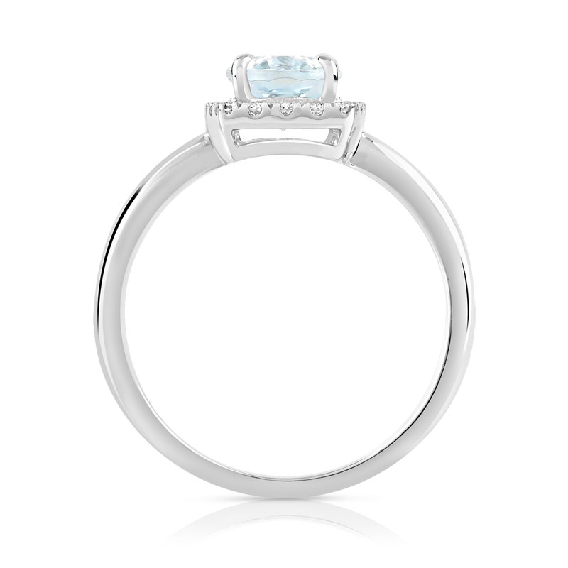 Bague or 375 blanc aigue-marine ovale et diamants