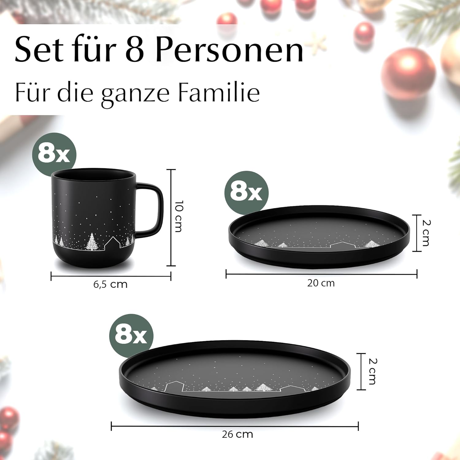 MIAMIO – Weihnachtsgeschirr 8 Personen / 24-teiliges Keramik Geschirrset schwarz matt für Weihnachten Winter – Schneelandschaft Motiv/Mikrowellen- und Spülmaschinengeeignet – Vinter Kollektion
