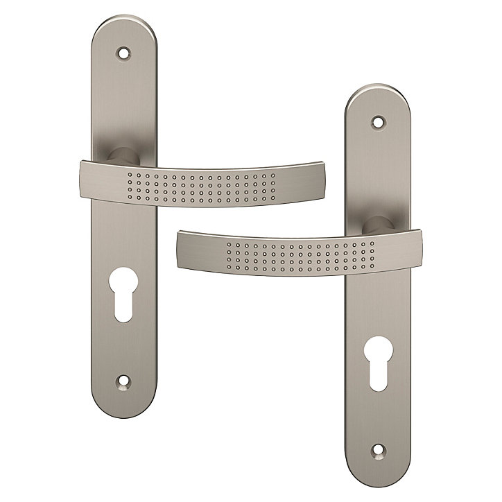 Ensemble poignée sur plaque rondcylindre GoodHome Diss effet nickel satin gris L.139mm x l.40mm entraxe 195mm