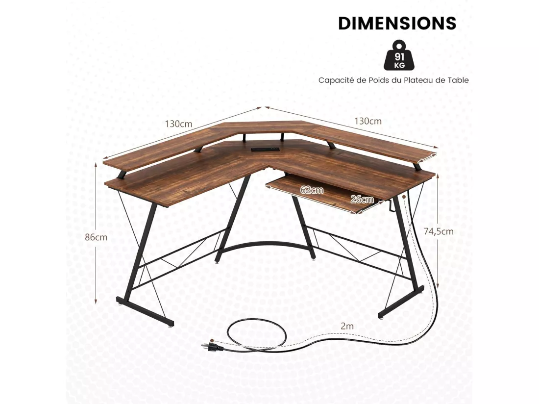 Bureau d'angle 130 x 130 cm, Bureau d'Ordinateur en Forme de L avec Long Support de Moniteur, Plateau à Clavier, Table Informatique avec 2 Prises de Courant & 2 USB (Marron Rustique)