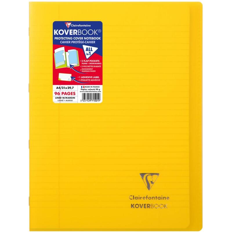 Cahier piqué Koverbook A4 96 pages ligné + marge couverture polypropylène transparent - Assortis