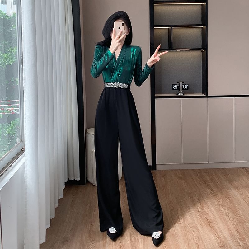 Yilda - Lange jumpsuit van imitatieleer met wijde pijpen