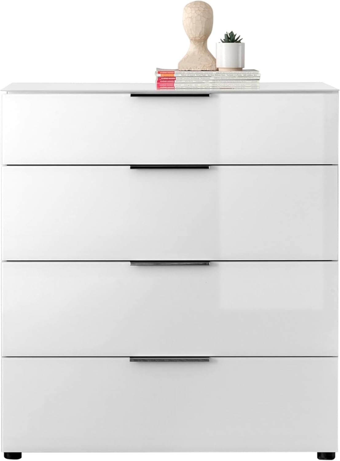 Kommode SANTORIN weiß mit Glasfront, Schrank Korpus in weiß mit Oberboden in Glas und Schubladen für Ihren Wohnbereich - 90 x 99 x 40 cm (B/H/T)