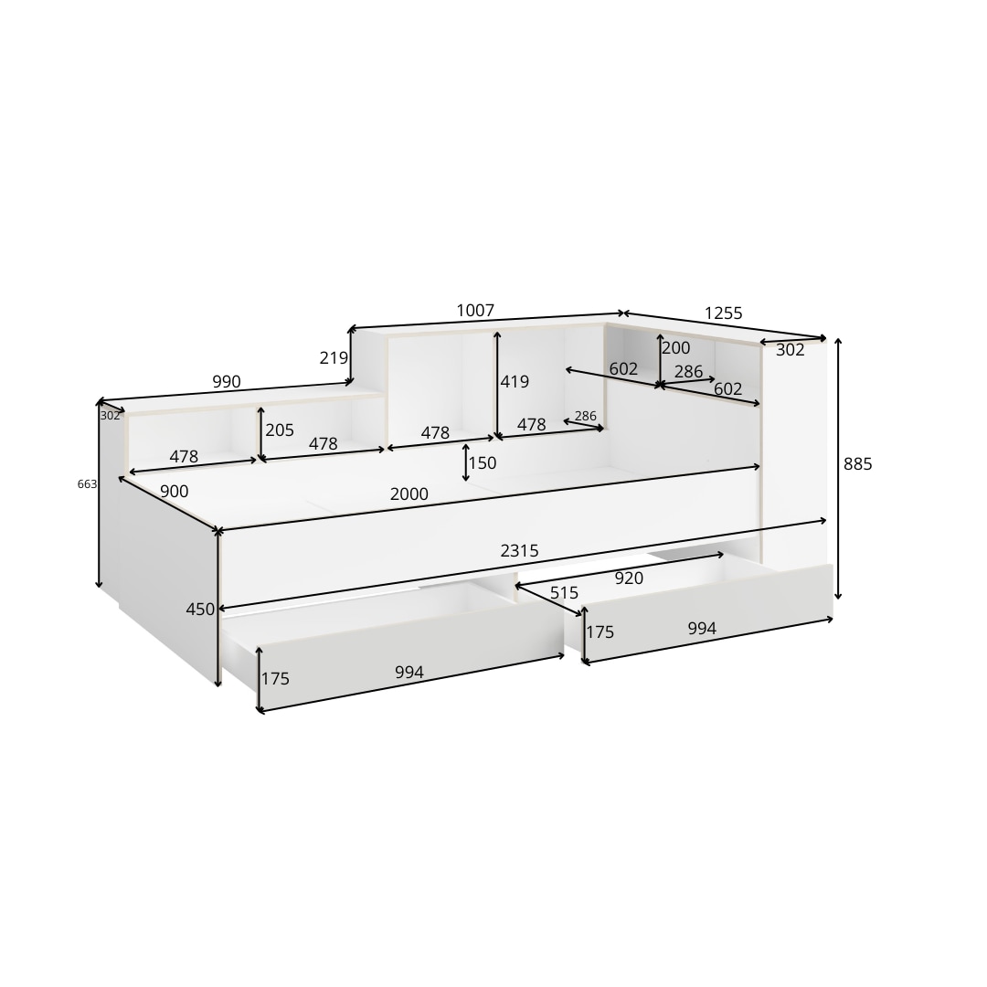 Home affaire Jugendbett »ELLETE Stauraumbett 90x200 cm, Masse B/T/H: 231,5/125,5/88,5 cm« Bett ohne Matratze mit 2 Schubladen, 2 Türen und 6 Fächer