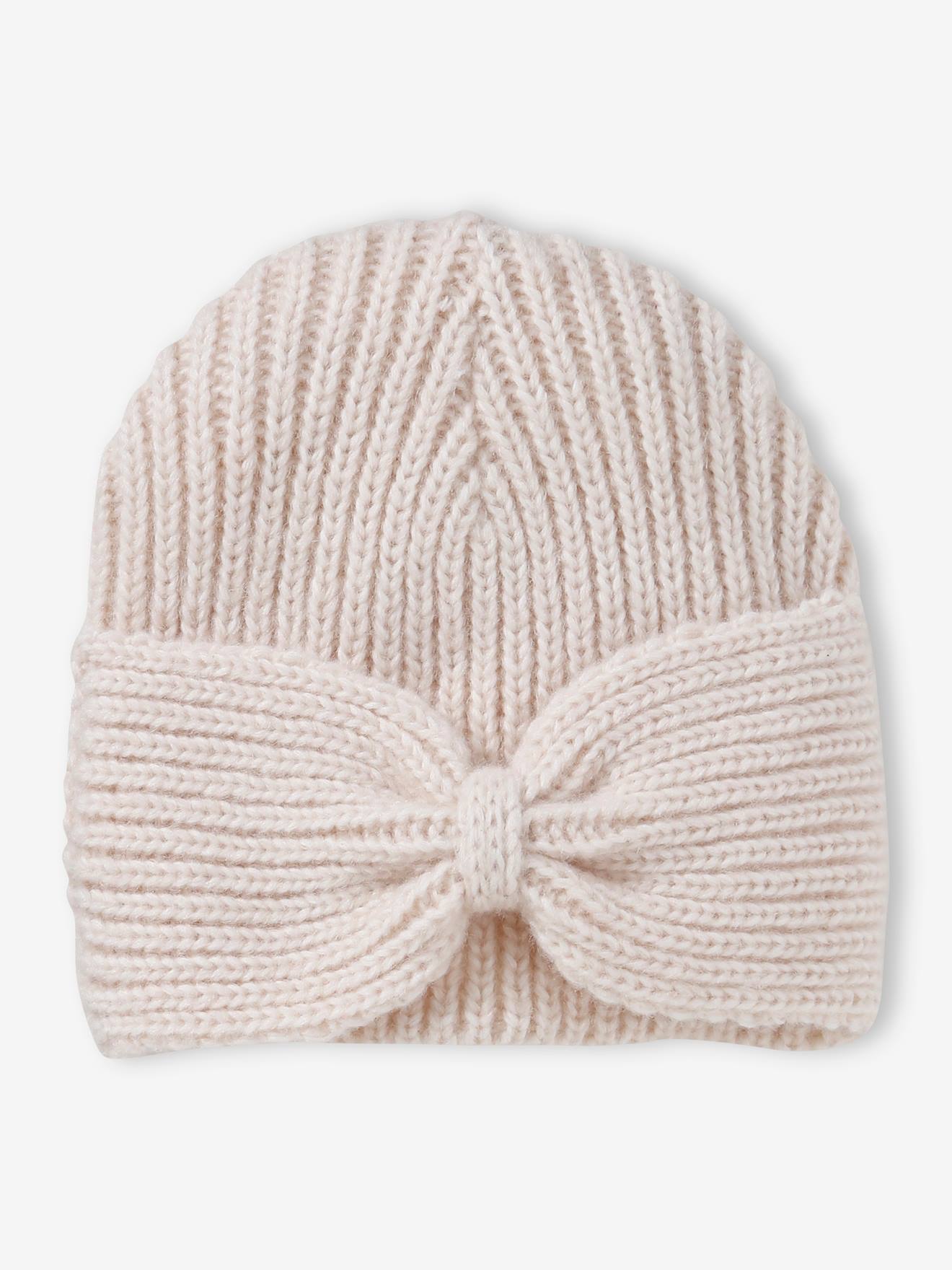 Gorro de malha canelada com laços elegantes, rosa escuro liso para menina.