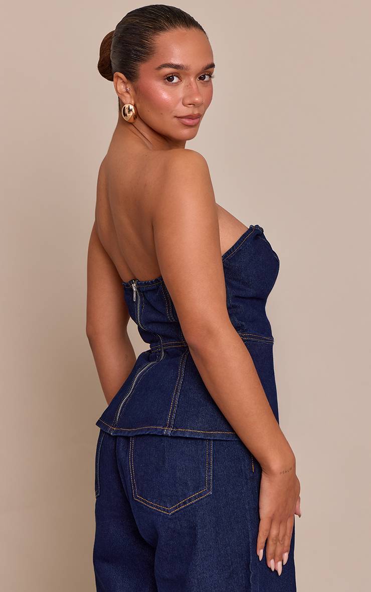 Bleu Indigo Top En Denim À Basque Col Cœur Shape