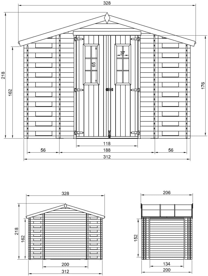 Holzhaus Gartenhaus mit Brennholzschuppen TIMBELA M391C - Gartenschuppen Holz B328xL206xH218 cm/ 3,53 + 0,97 + 0,97 m2 Lagerschuppen für Garten - Fahrrad Schuppen - Wasserfestes Dach