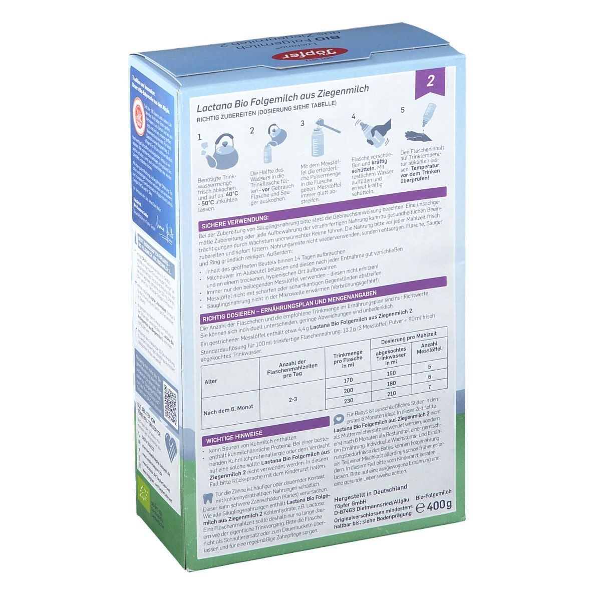 Töpfer Lactana Bio Folgemilch 2 aus Ziegenmilch ab dem 7. Monat