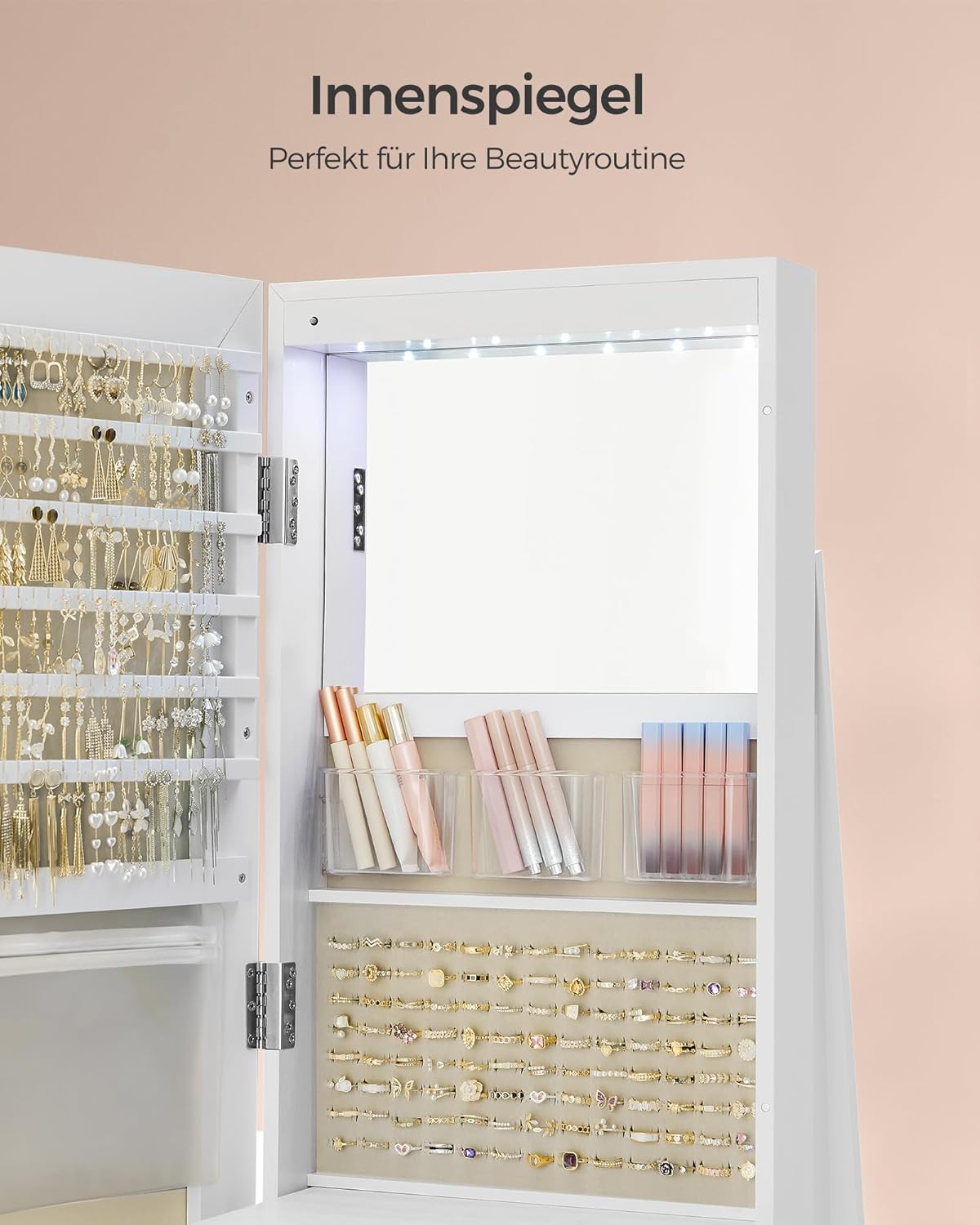 SONGMICS Schmuckschrank, Spiegelschrank, mit rahmenlosem Ganzkörperspiegel, 3 Ablagen, 360° drehbar, abschließbar, Oberfläche in Weiß, Innenfutter in Greige JJC007W02
