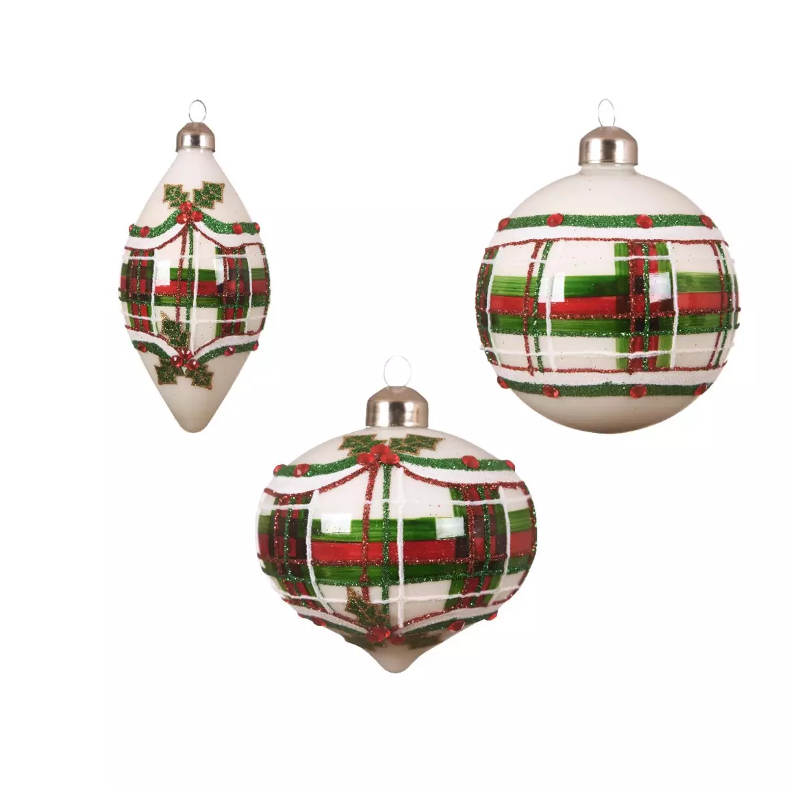 Lot de 3 boules de Noël en verre (D12 mm) Houx en feuille Vert