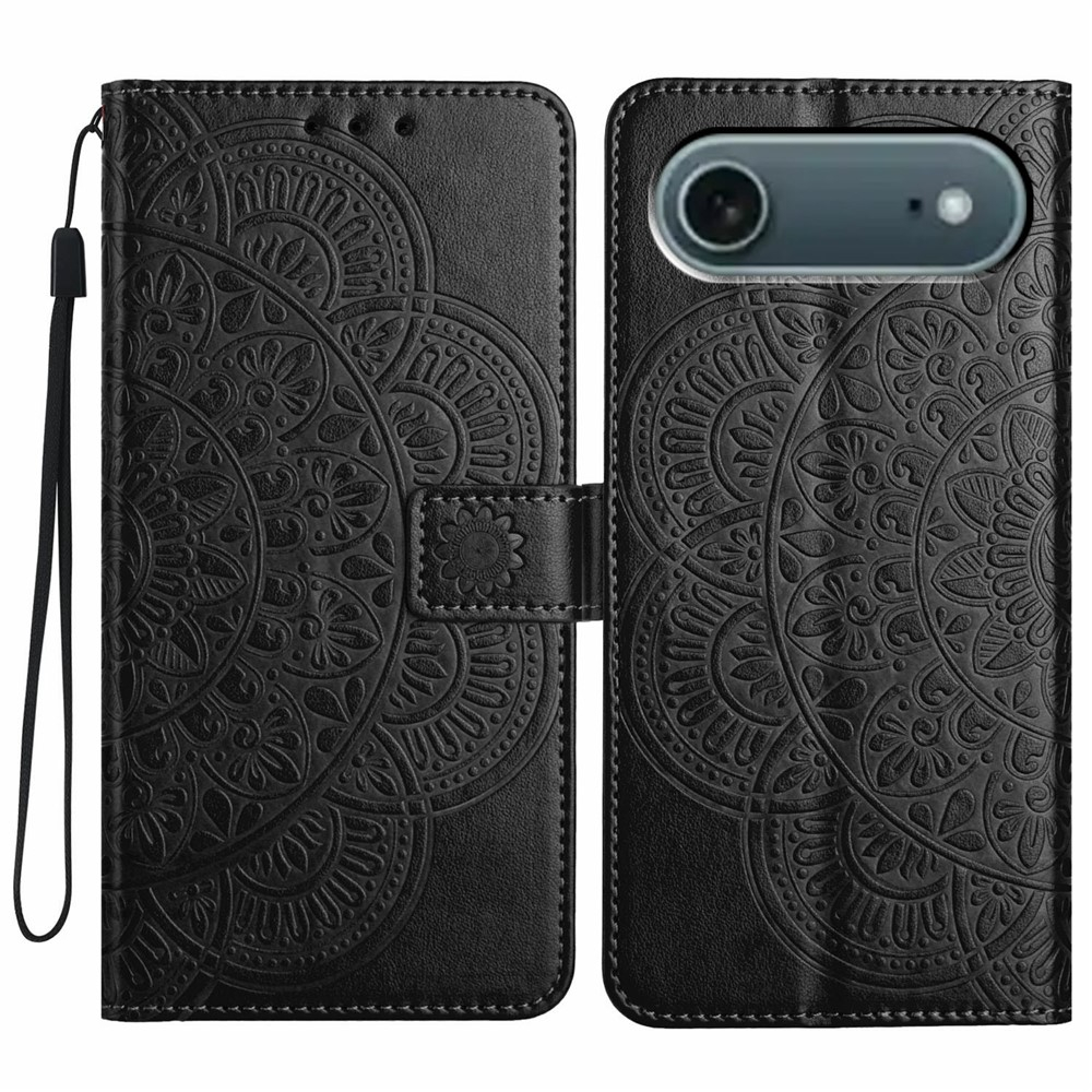 iPhone Air Leder Tasche Wallet - Mandala Flowers Imprint - Schwarz