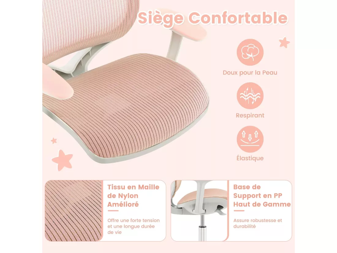 Chaise de Bureau Pivotante Enfants avec Hauteur Réglable 80-92cm, Siège à roulettes Enfants avec Dossier & Accoudoirs Ergonomique, Verrouillage Automatique, Charge 75kg pour 6-15 Ans