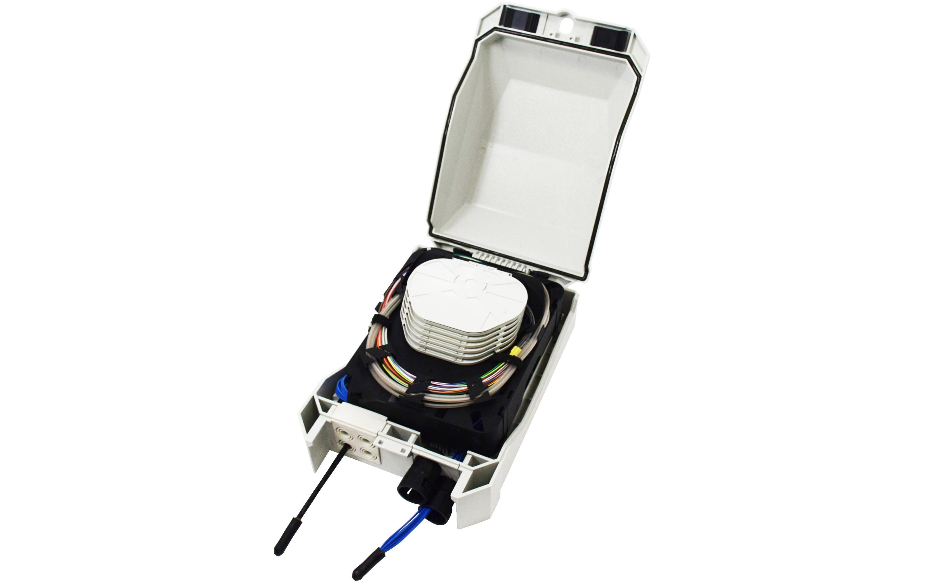 Spleissbox IP55 Wandbox Gross PS48, mit Kassette & Kuppl.<br>FTTx IP55 Wand Patch-/Spleissbox, inkl. Spleisskassetten, 48 Kupplungen