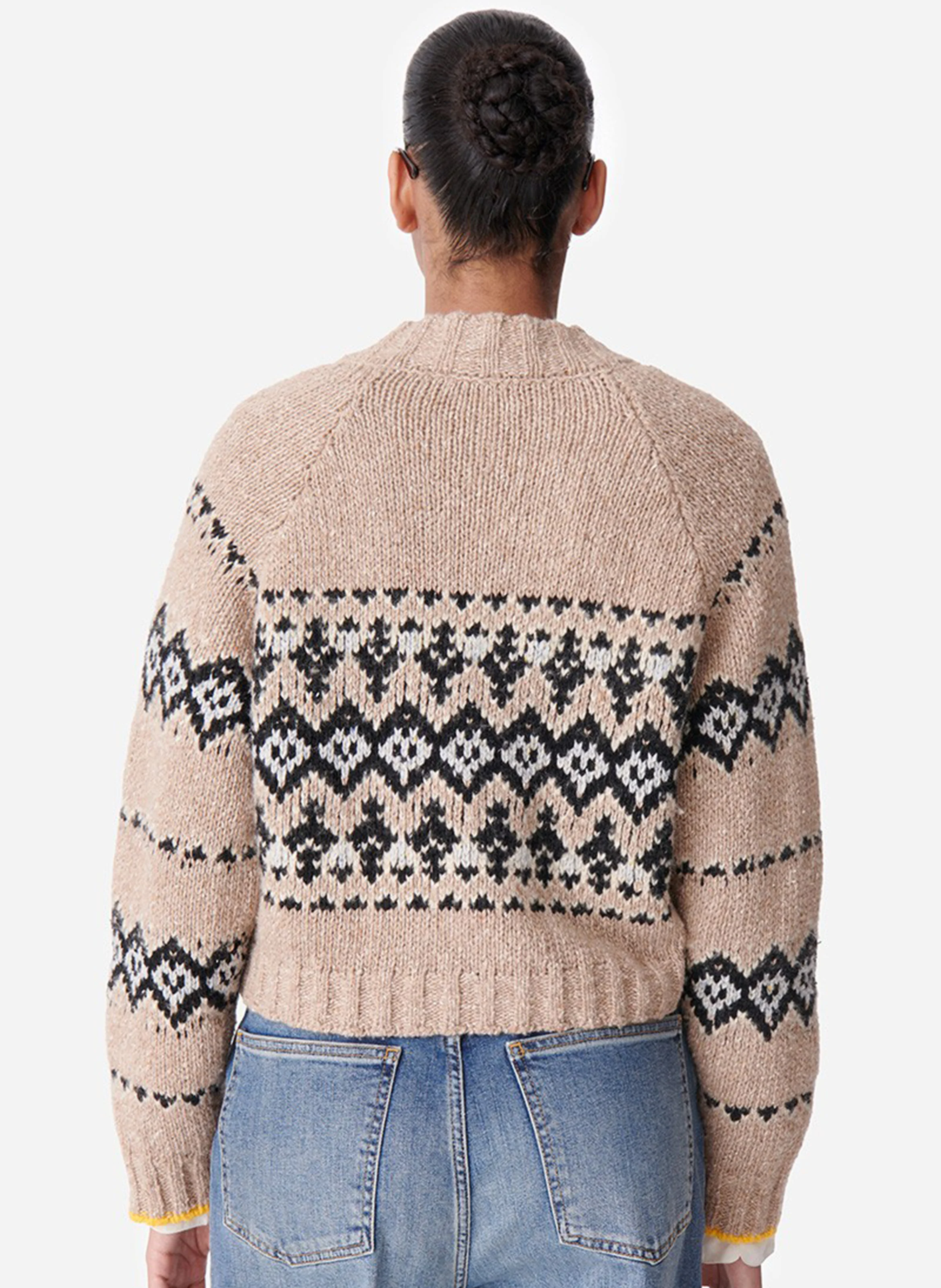DAMAS - Gilet col rond jacquard en laine vierge mélangée | Beige