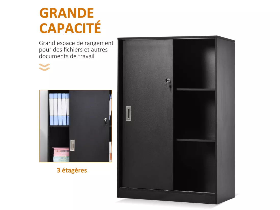 Armoire de bureau 2 portes coulissantes verrouillables dim. 80L x 40l x 120H cm 2 étagères panneaux particules noir