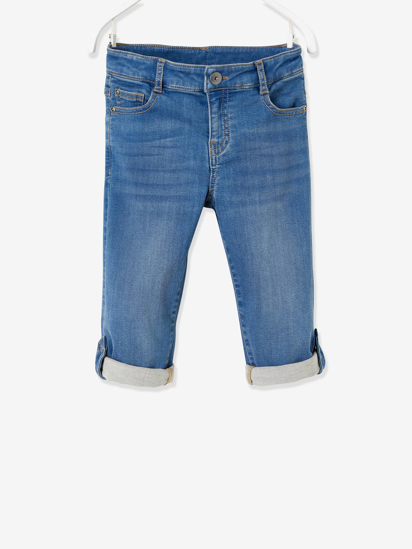 Calças curtas de moletom azul-escuro lavado para meninos, com efeito jeans, mangas que podem ser dobradas como bermudas.