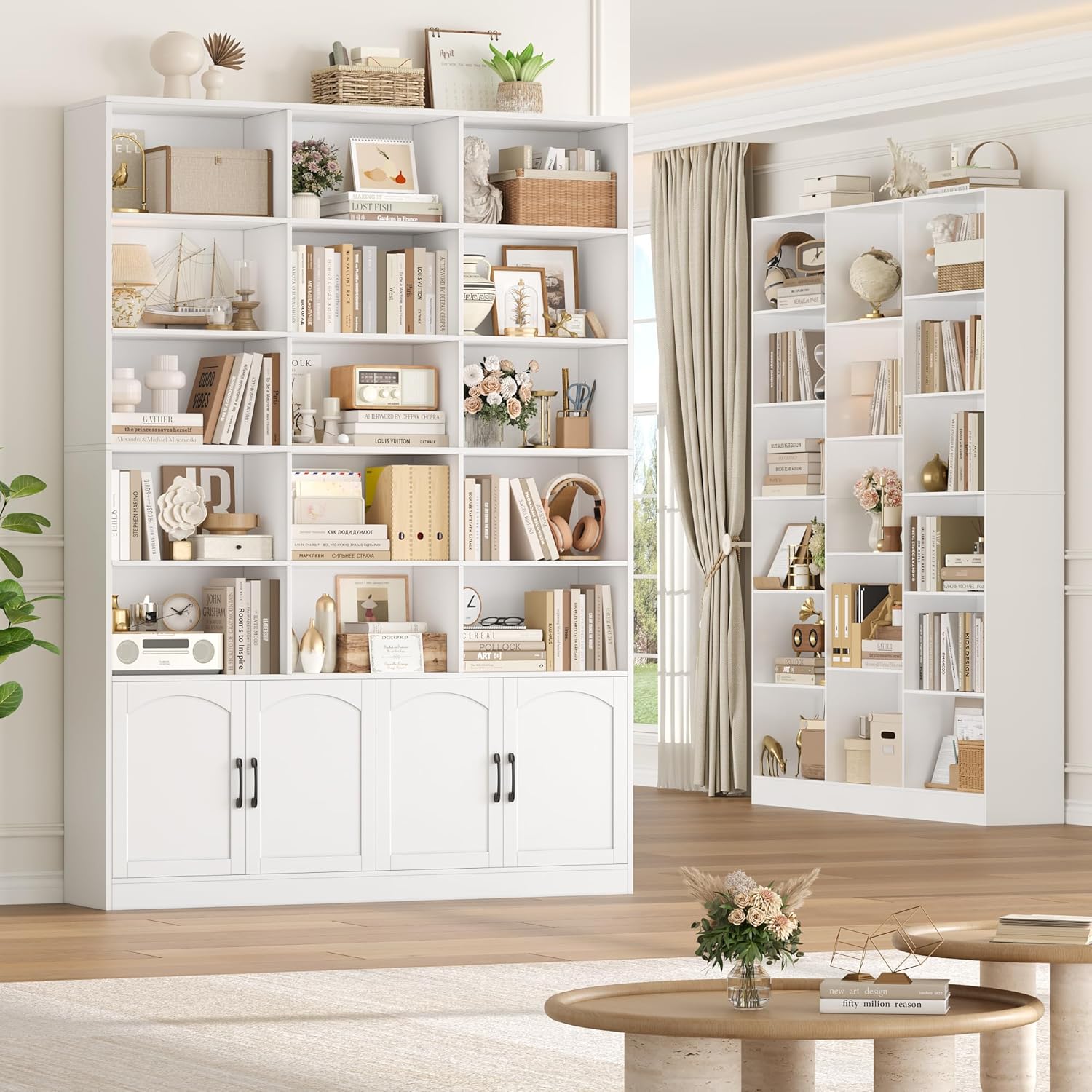 FirFurd 209 cm Bücherregal mit Türen Bücherschrank mit 15 Fächern Vitrinenschrank Hochschrank Holz Mehrzweckschrank groß für Wohnzimmer Arbeitszimmer Küche 150 x 23,7 x 209 cm Weiß