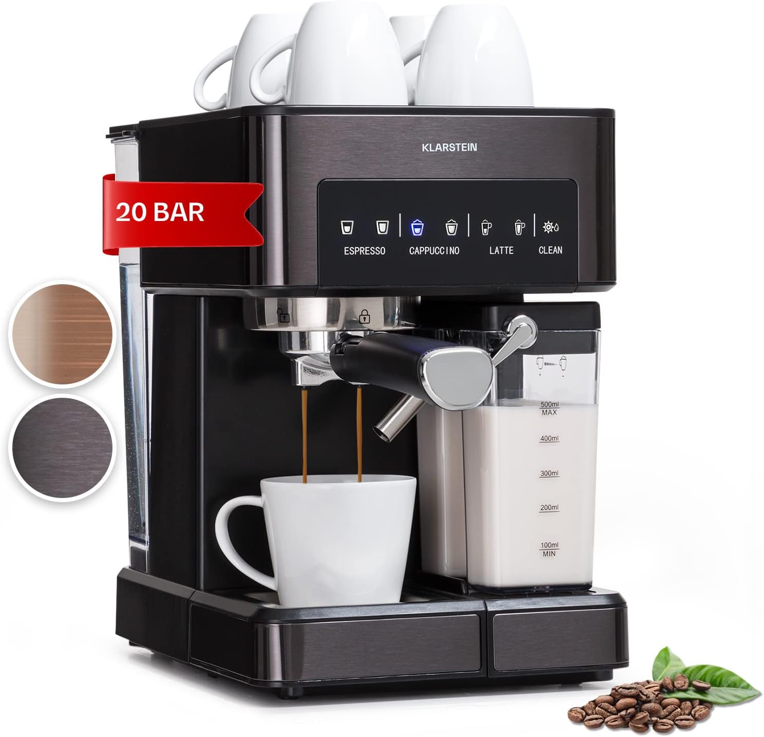 Klarstein Espresso Siebträgermaschine mit Milchaufschäumer, 1,8L Mini-Espressomaschine mit Siebträger, 20 Bar Edelstahl-Kaffeemaschine Klein, 0,5L Milchtank, 1350W, für Gemahlenen Kaffee