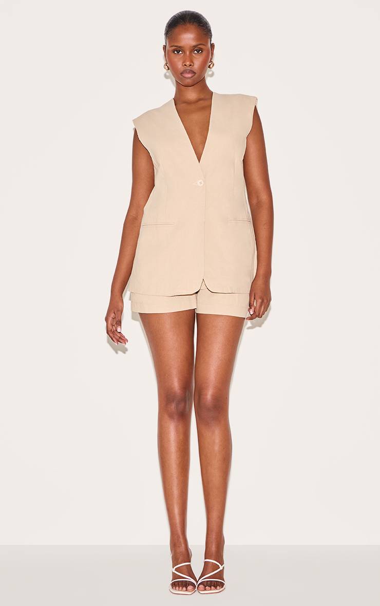 Sable Short Tailleur Tissé Effet Lin