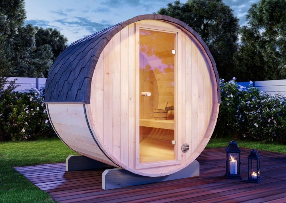 Fass-Sauna Mini XS, 194 x 160 x 194 cm Gartensauna, Outdoor Sauna mit 42 mm Wandstärke, inkl. Montagematerial, Glastür aus Sicherheitsglas, 3 Personen, inkl. Dachschindeln, Außensauna