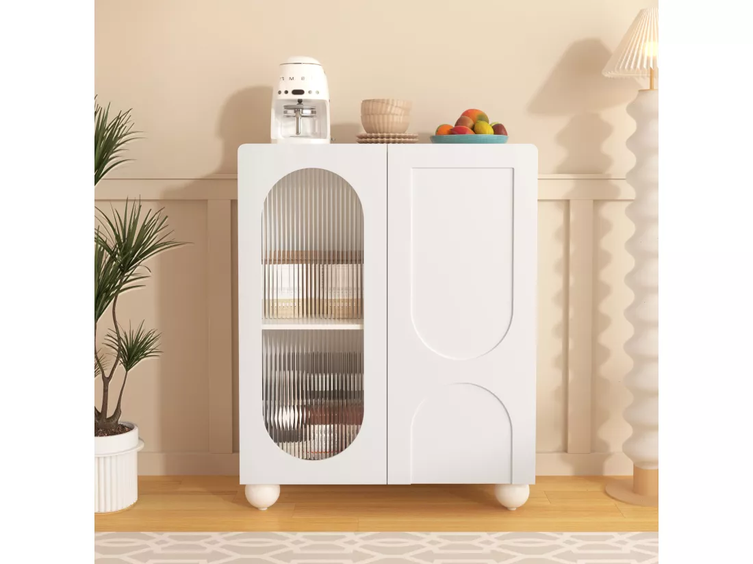 Buffet de cuisine avec 2 portes en verre - 80 x 32.5 x 99 cm - Bois MDF - Etagères réglables - Blanc