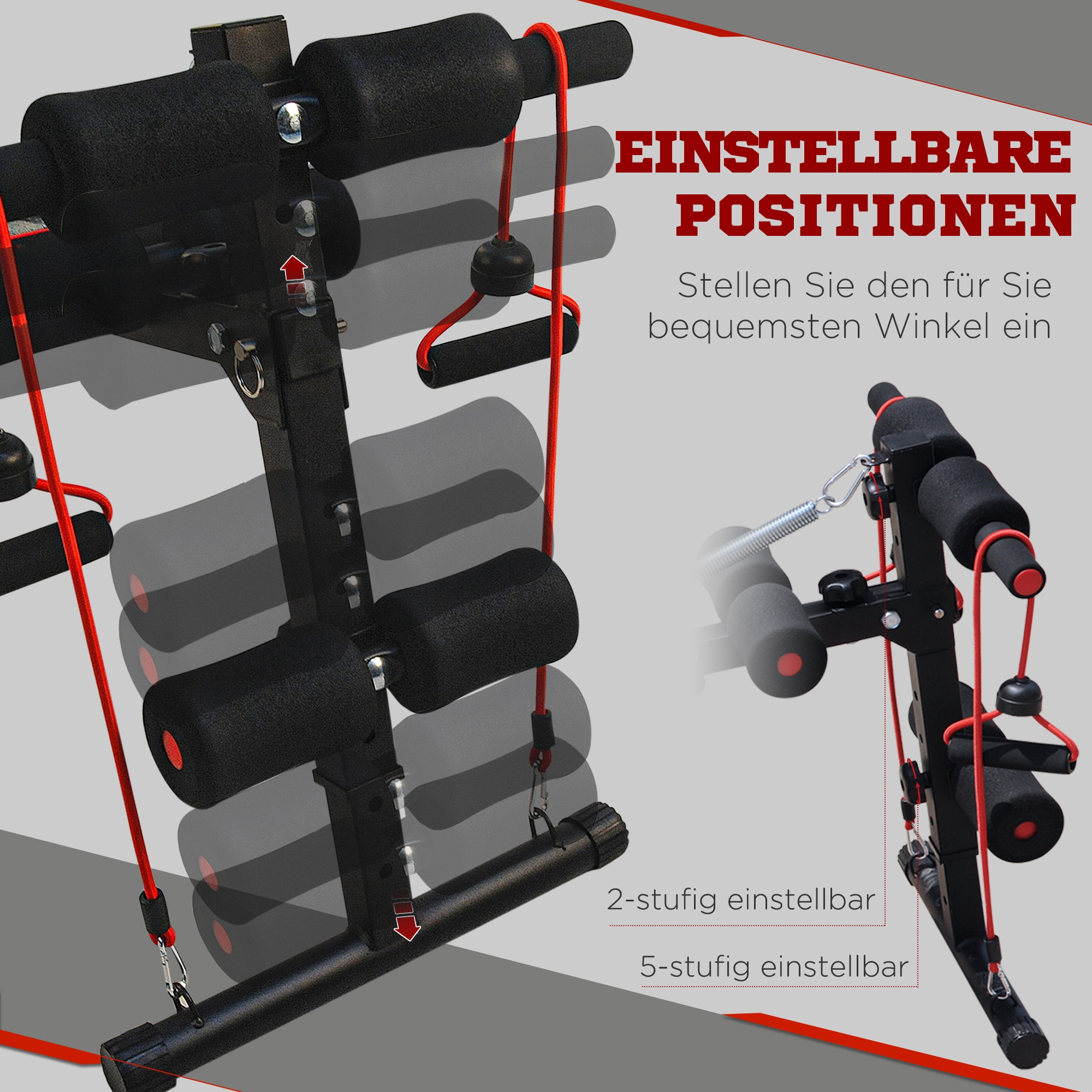 HOMCOM Sit-Up-Bank mit Widerstandsbänder schwarz, rot 137,5 x 55,5 x (50–68) cm (LxBxH)