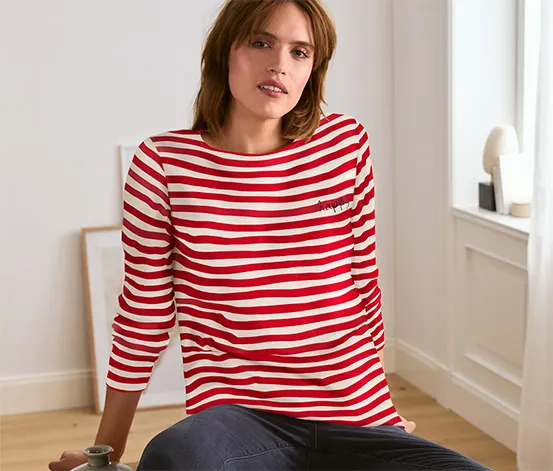 Gestreiftes Langarmshirt mit Stickerei, rot-weiß gestreift