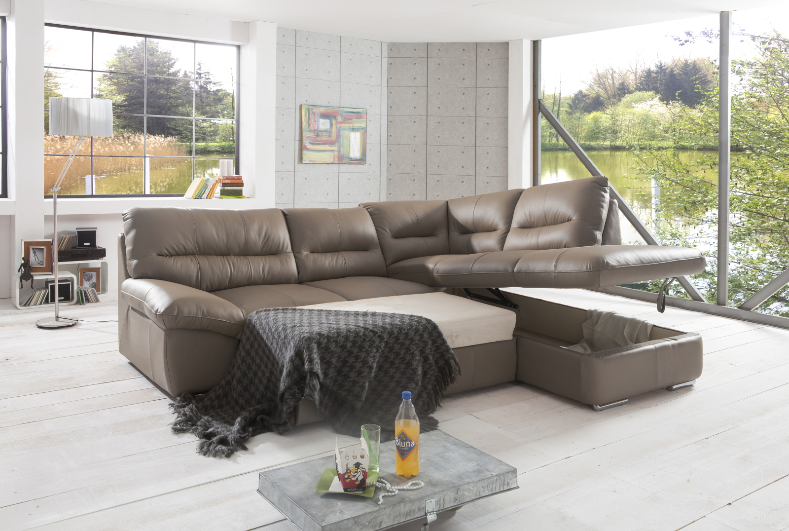 Ledersofa - braun - Ottomane rechts - Liegefunktion