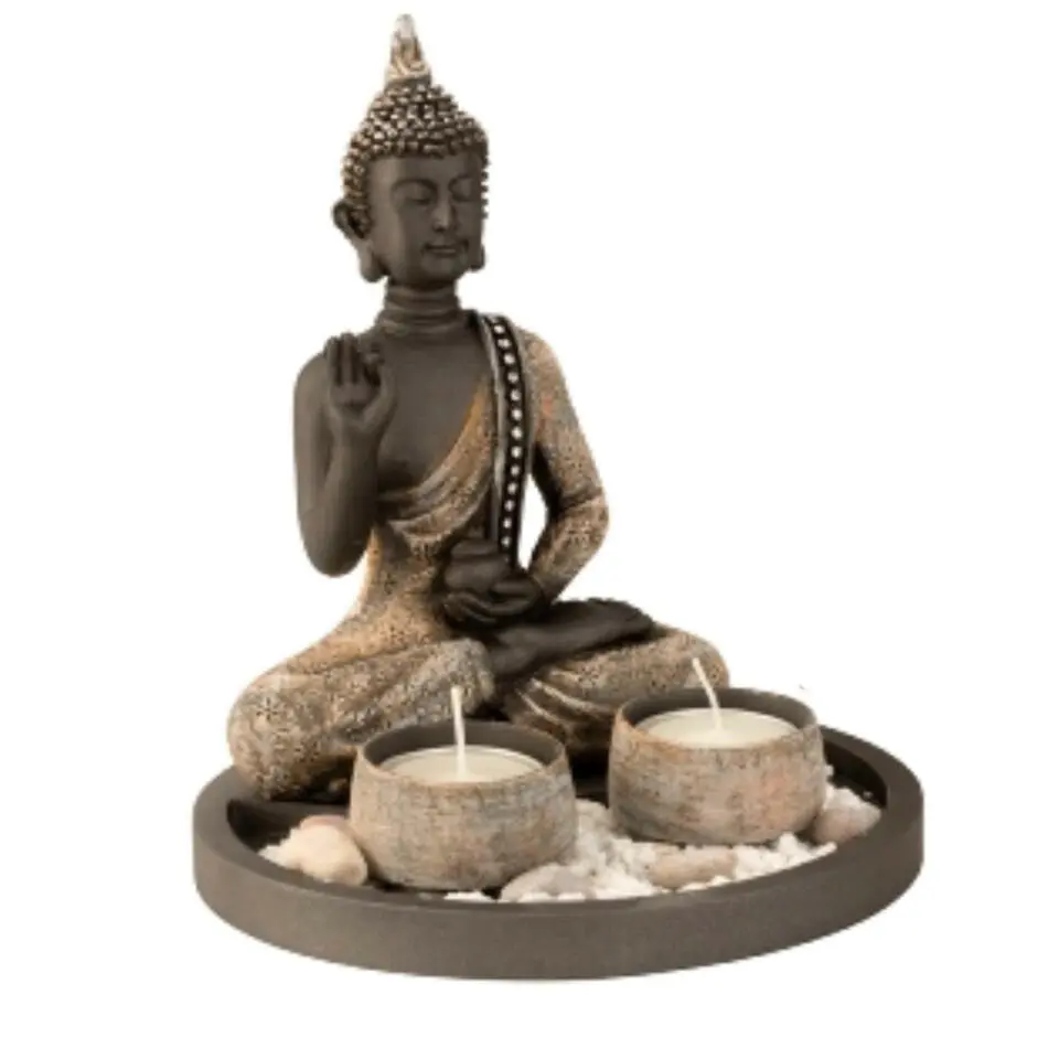 Boeddha beeldje - kaarshouders - schaal - goud/grijs - 18 x 21 cm
