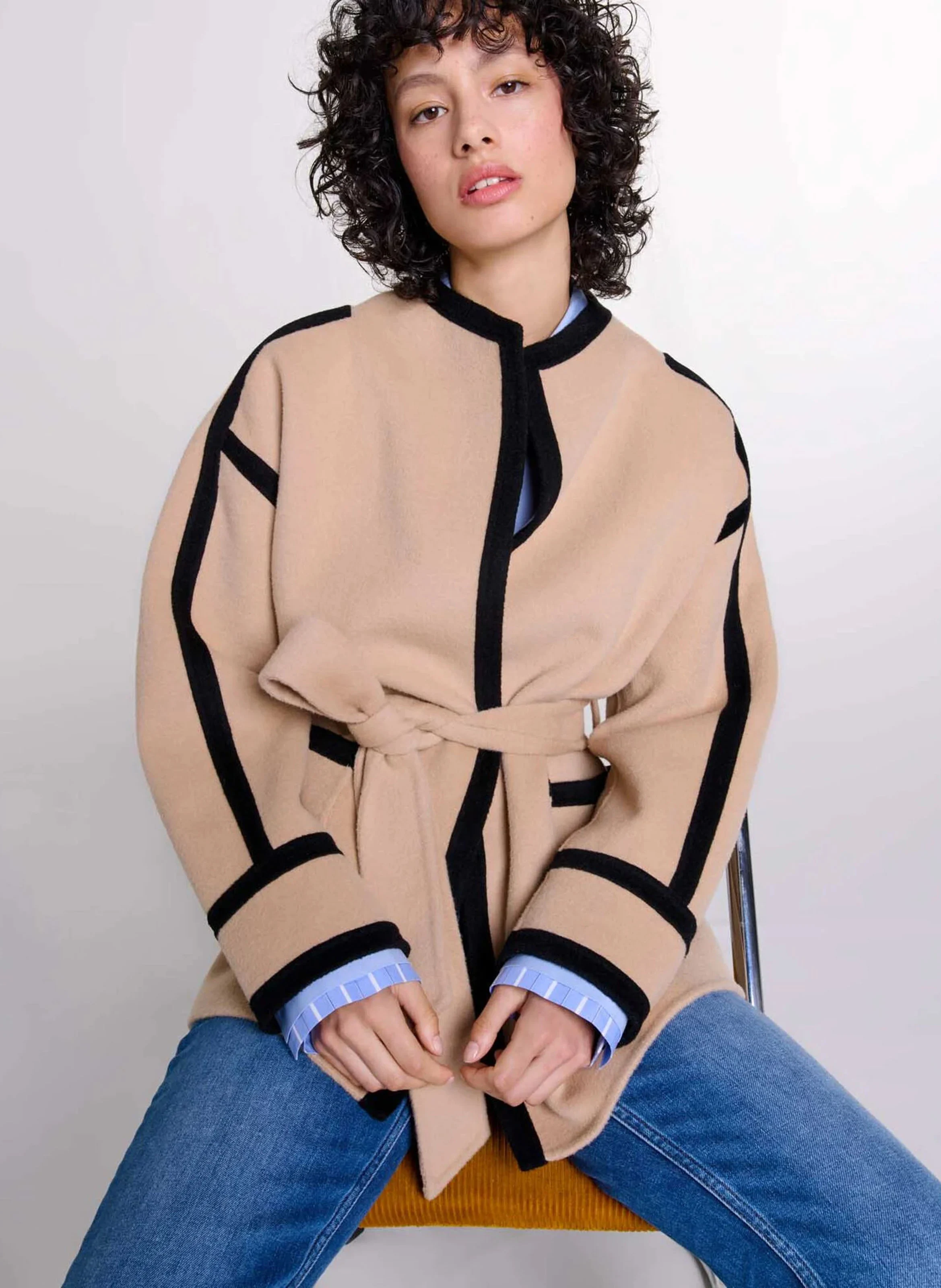 Manteau court double face en laine mélangée| Beige