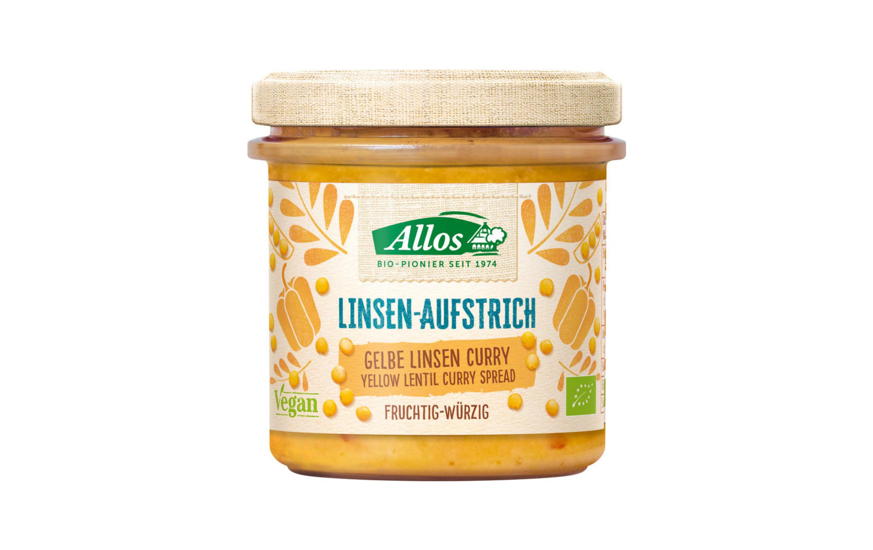 Glas Bio Aufstrich Gelbe Linsen Curry 140 gPflanzlicher Brotaufstrich mit gelben Linsen und Curry
