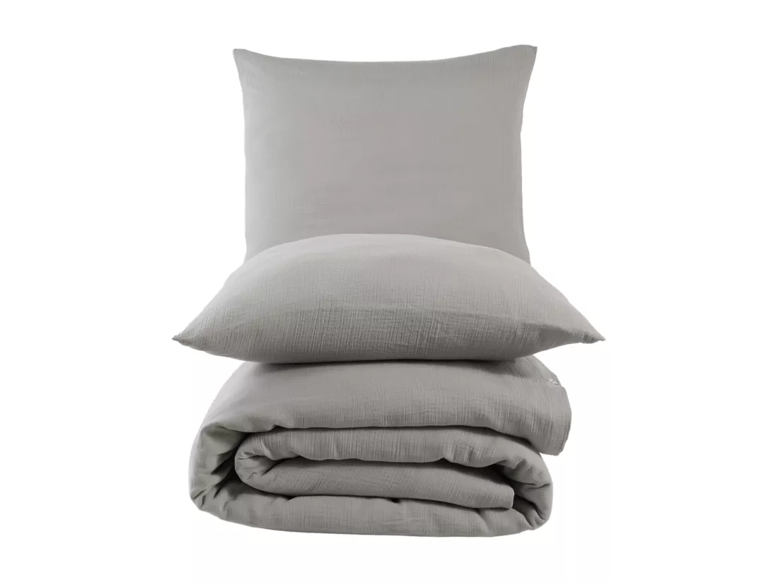 Parure housse de couette et taies d'oreiller gaze de coton gris