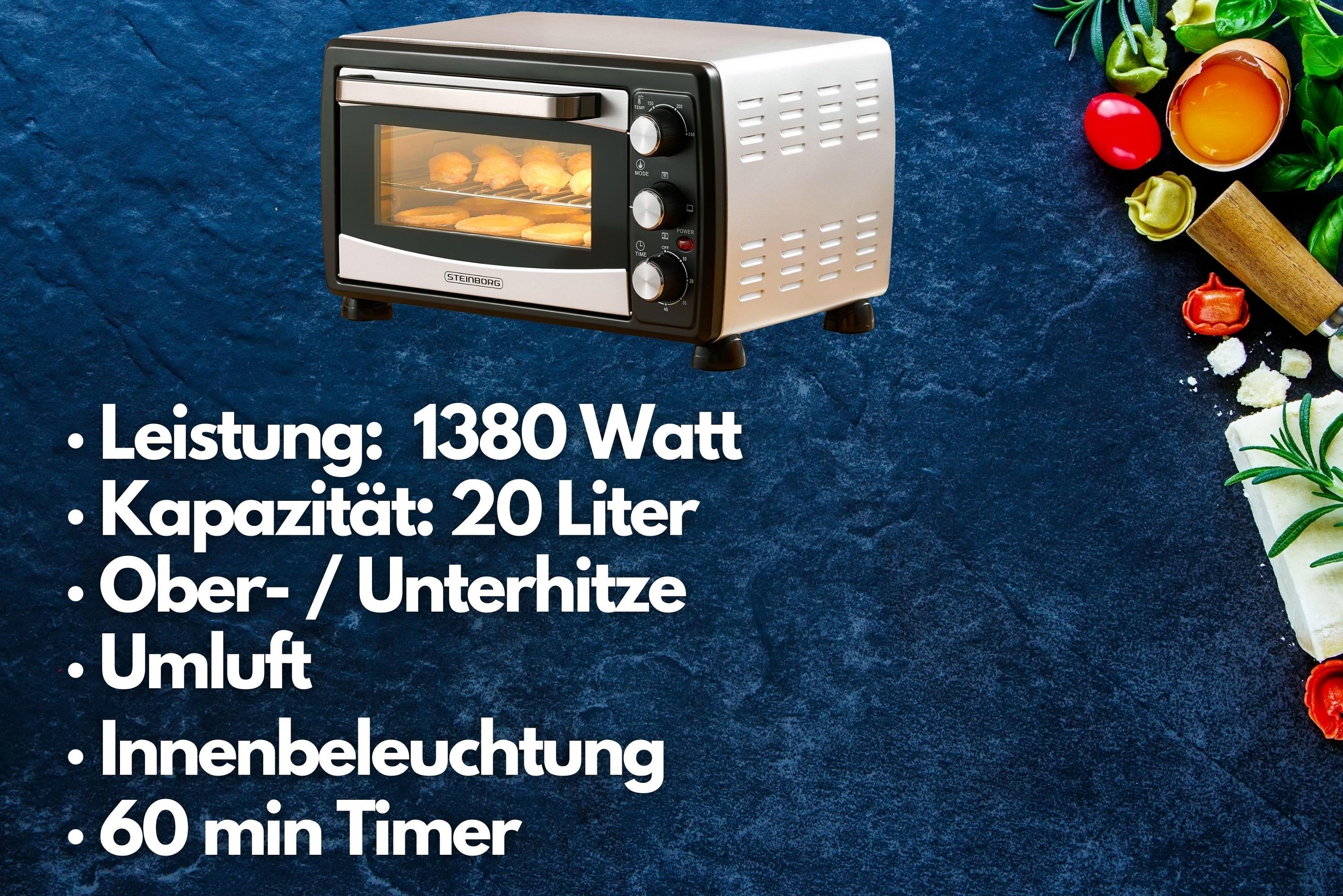 Steinborg Minibackofen Pizzaofen 20L mit Umluft 1380W silber/schwarz