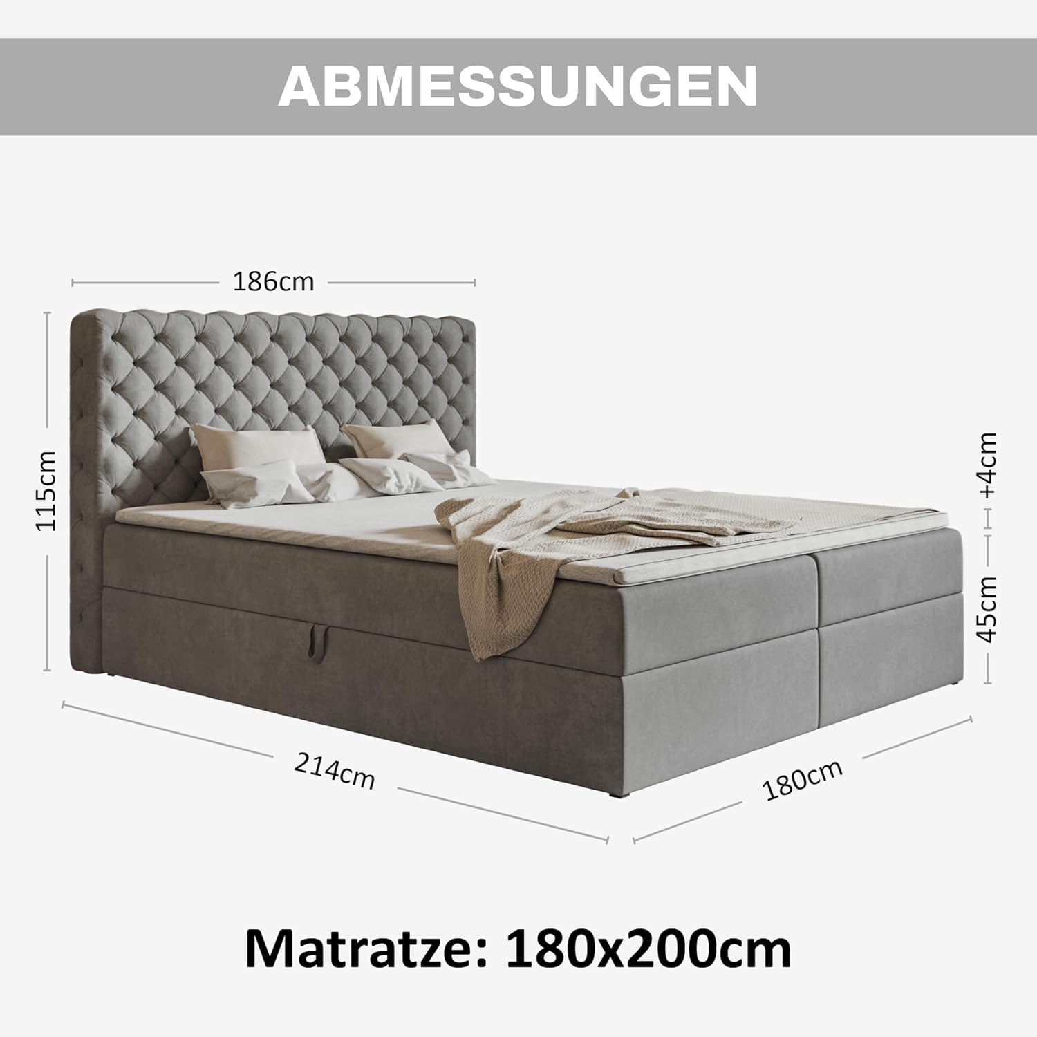 Nero Chesterfield Boxspringbett 180x200 mit Bettkasten und Topper, Polsterbett 180x200 mit Bettkasten, Bonell-Matratze (H4), T28 Schaumstoff Topper (H3), Samt, Grau (Hellgrau)