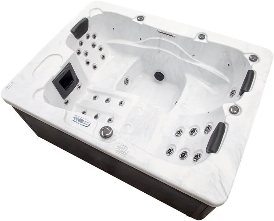 Home Deluxe - Outdoor Whirlpool - White Marble Pure - Maße: 210 x 160 x 85 cm - Inkl. Heizung, 27 Massagedüsen und 9 Lichtquellen I Außen Whirlpool Spa für 3 Personen