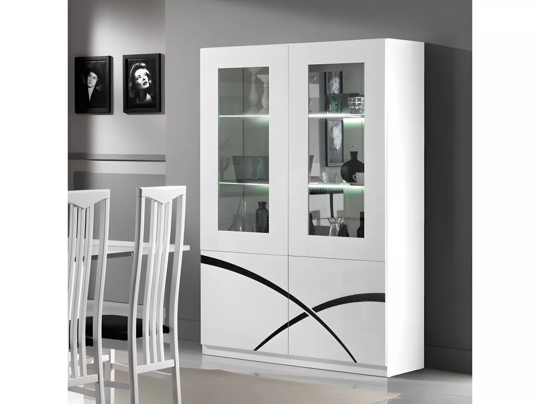 Vaisselier 4 portes Blanc laqué à LEDS - CROSS - L 118 x l 46 x H 181 cm