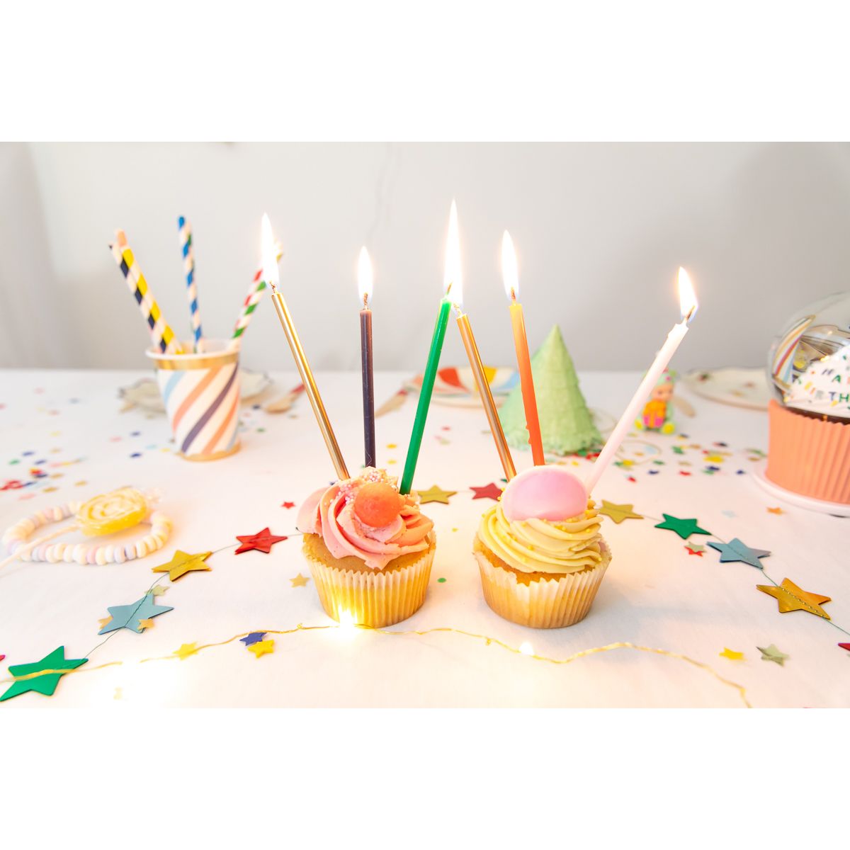 Lot de 12 bougies doré jaune et bleu Surprise Partie !
