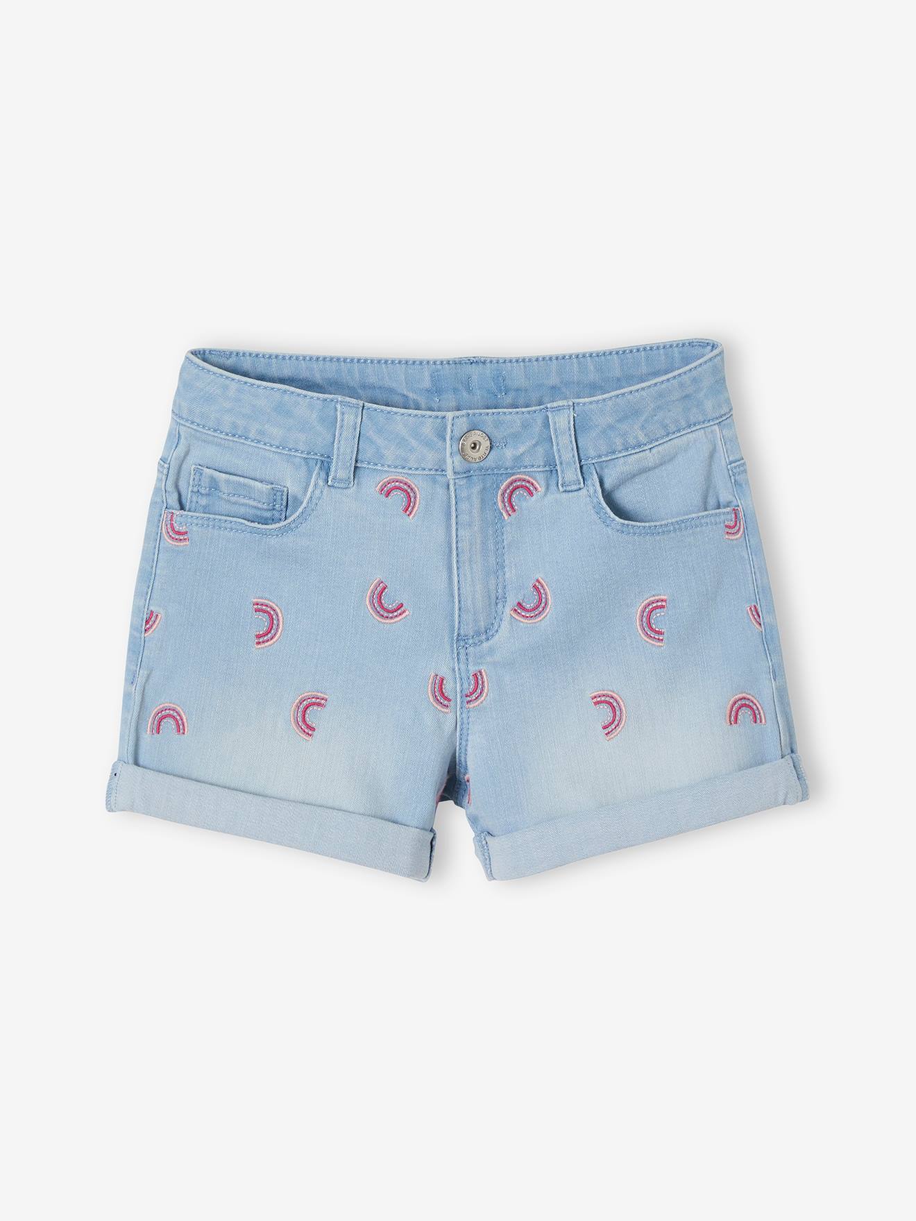 Shorts jeans bordados em azul claro para meninas